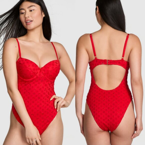 New! Pink by Frankies Nova Eyelet One-Piece Swimsuit Bandana Red 47324 - Picture 2 of 15